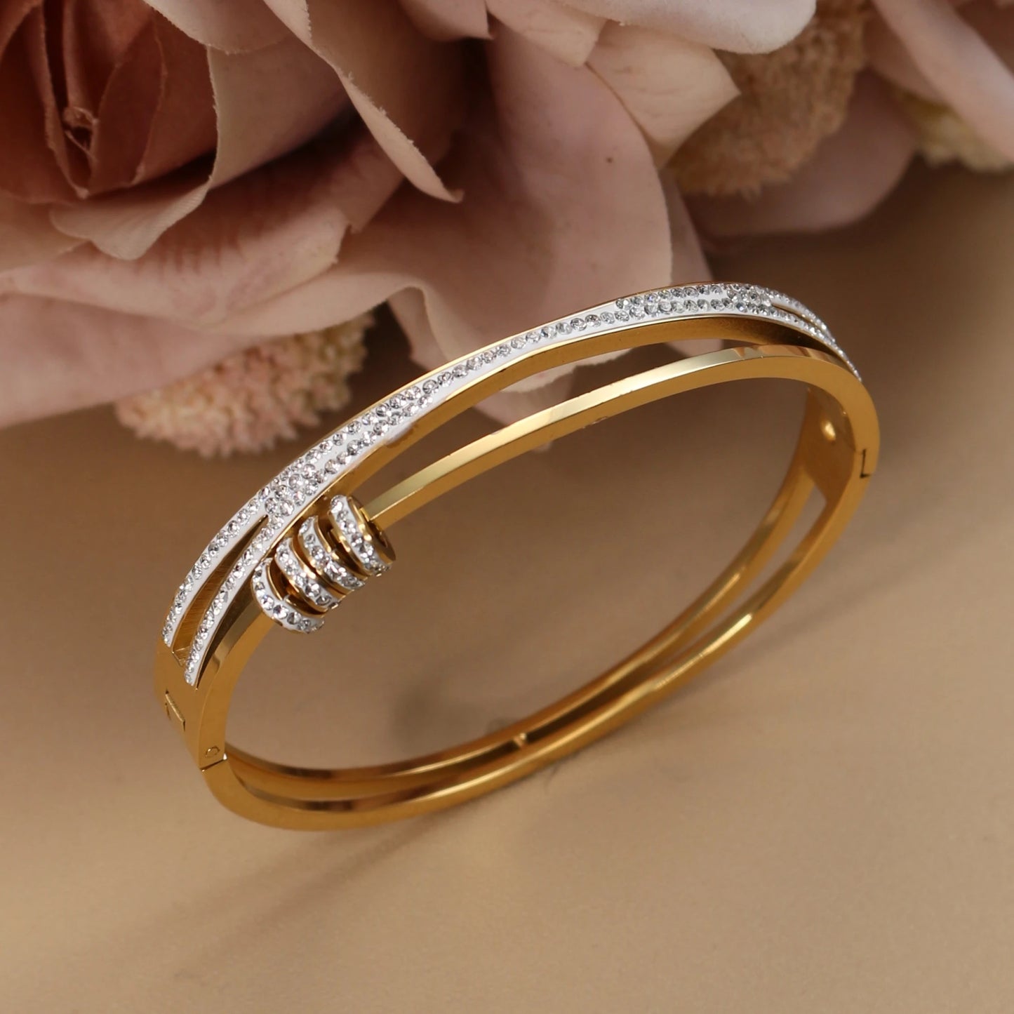 Delicate Crystal Cutout Knot Stainless Steel Gold Color Women's Charm Bracelet