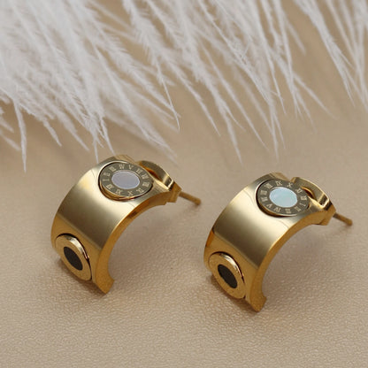 Stainless Steel Inlay Double Circle Roman Numeral Black & White Shell Half Round Stud Earrings