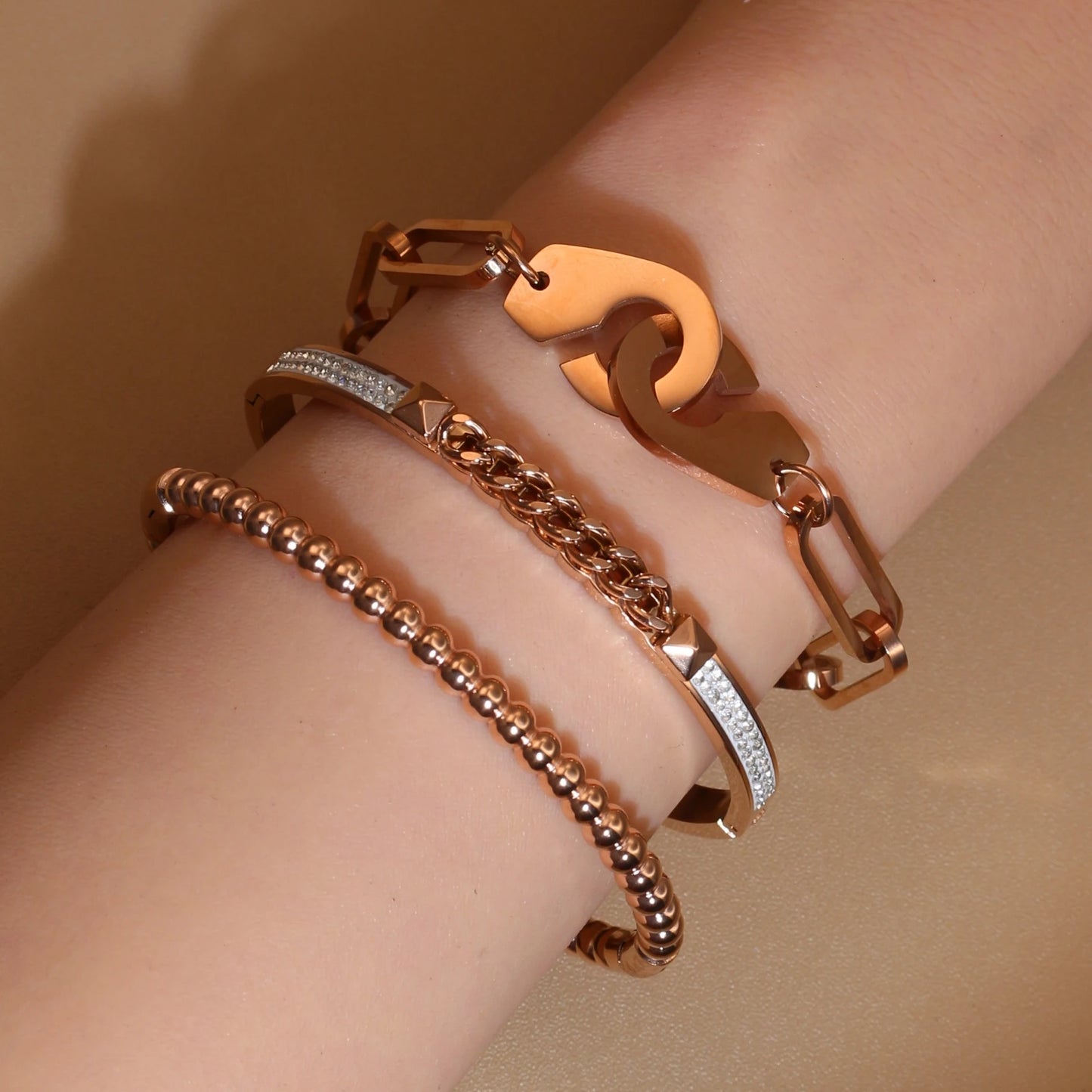 Women 18K Gold-Plated Stainless Steel Bead Open Bracelet Clasp Design Bangles Jewelry