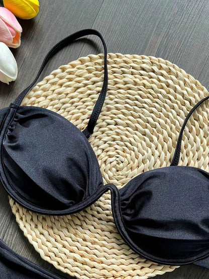 Sexy 3D Flower Women V Wire Underwired Micro Mini Pleated Thong Swimsuit Beach Bathing Suit