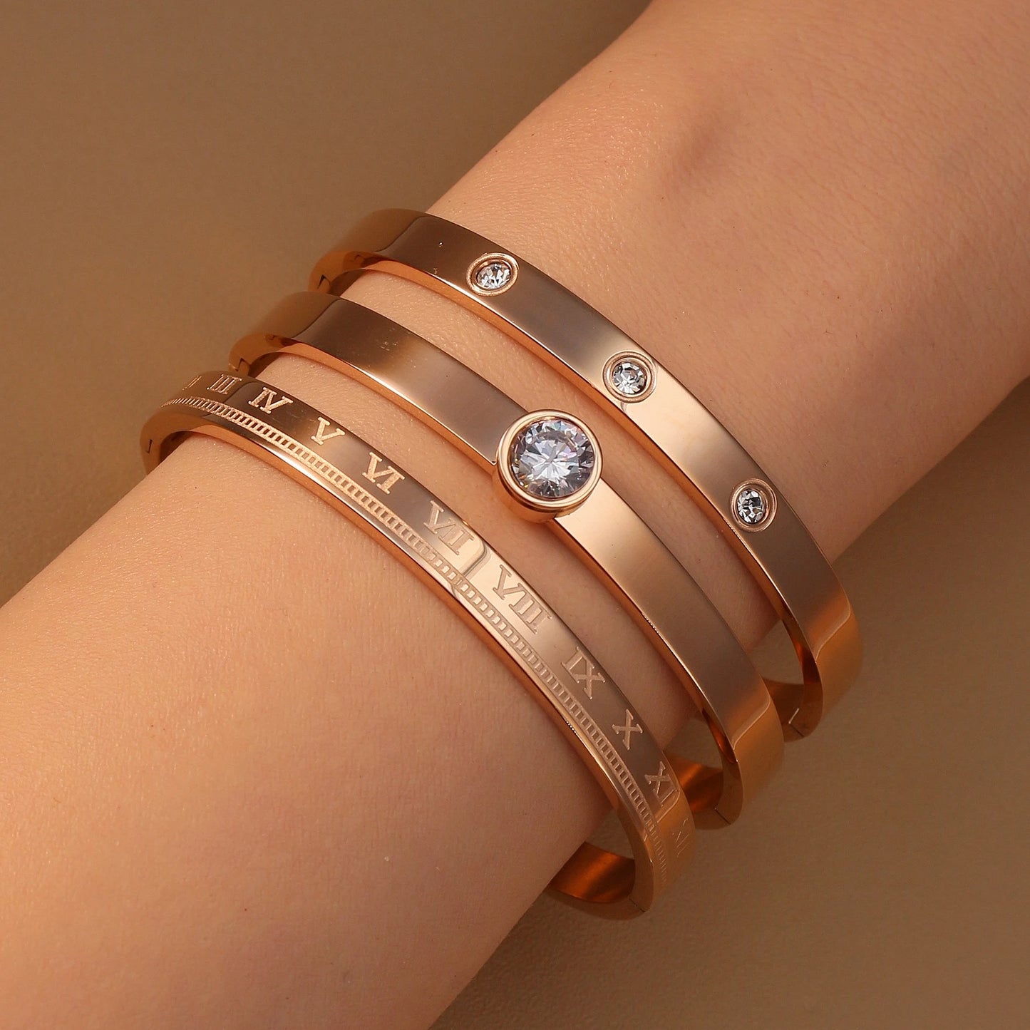 Women Roman Numeral 18k Gold Color Stainless Steel Zircon Bracelet Bangles