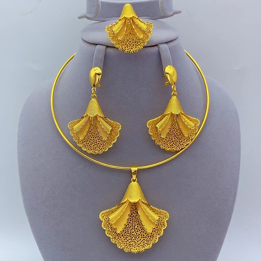 African Dubai 24k Gold Plated Women Ethiopian Indian Bridal Round Necklace Earrings Jewelry Set