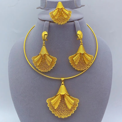 African Dubai 24k Gold Plated Women Ethiopian Indian Bridal Round Necklace Earrings Jewelry Set