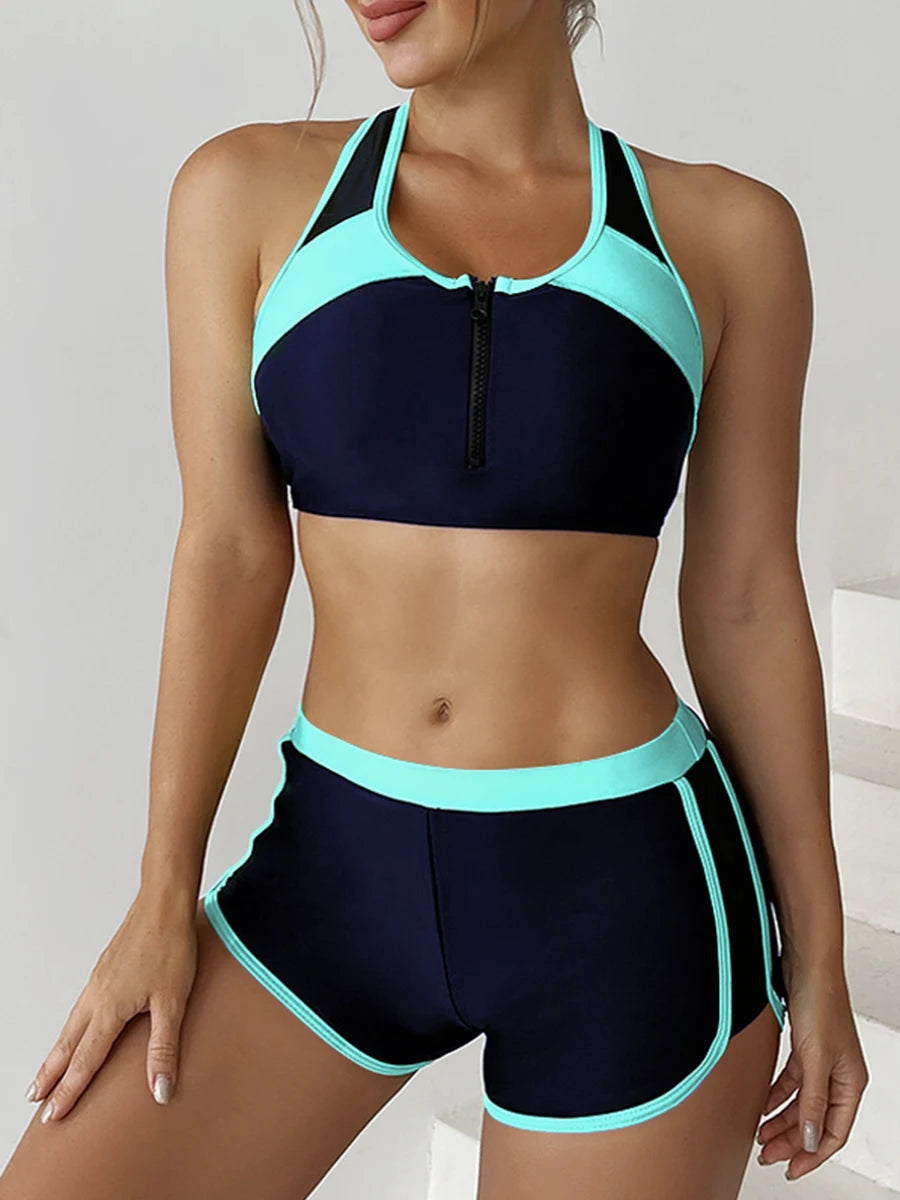 Women Zipper Bikini Two Piece Swimsuit Tops + Shorts Sports Swimwear Bathing Suit