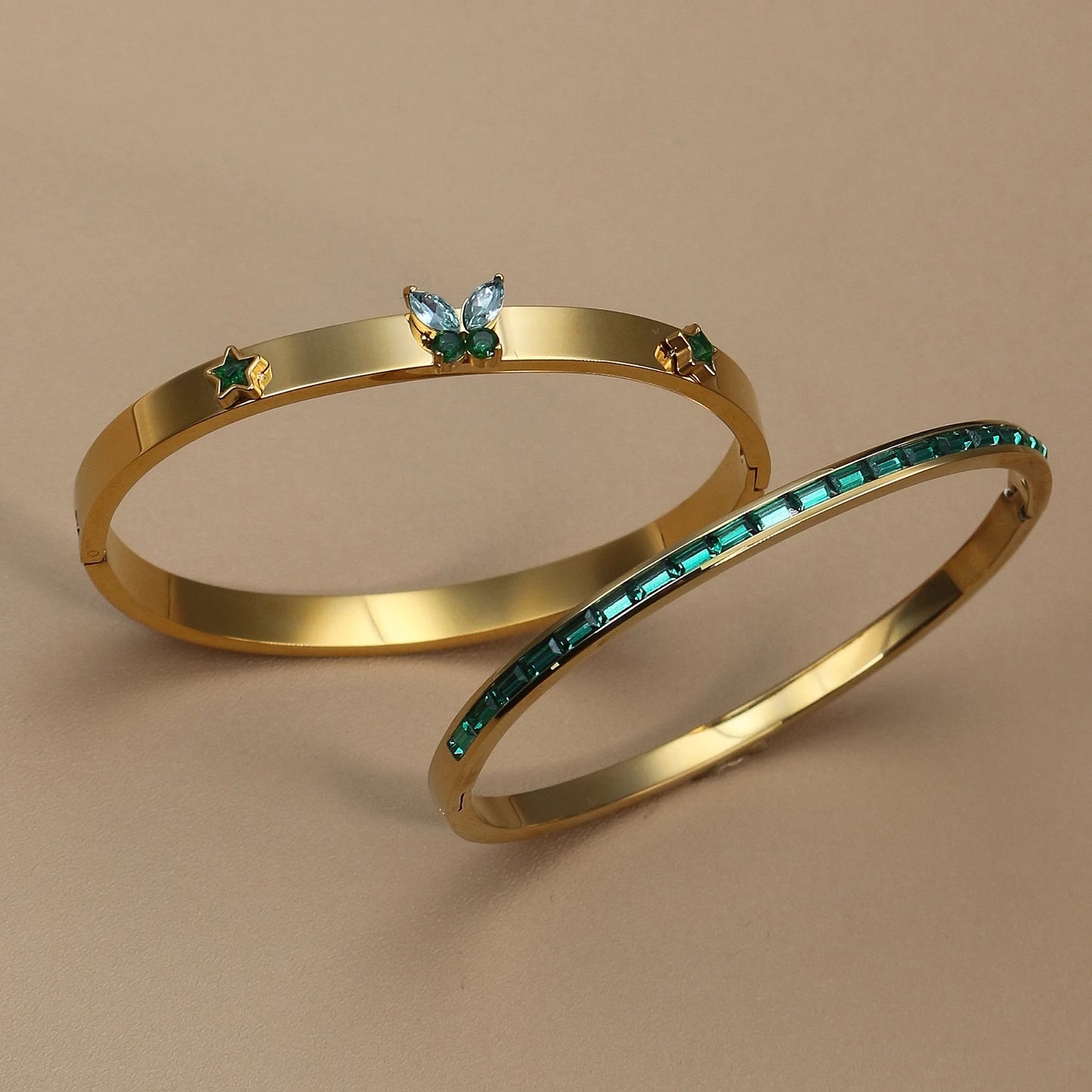Women's Stainless Steel Green Crystal Gold Color Bracelet Bangle
