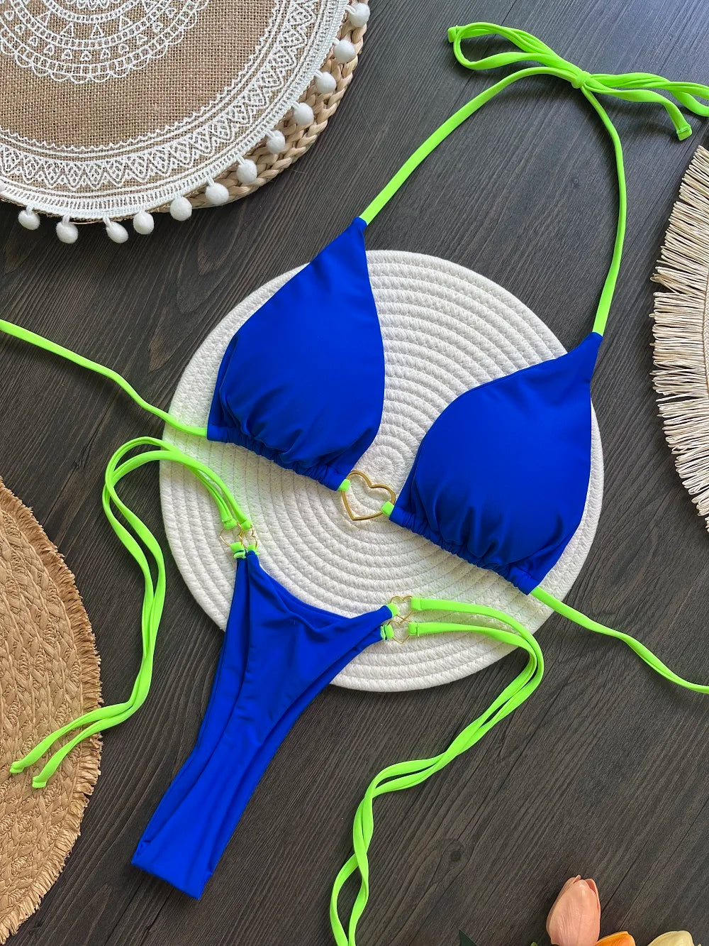 Solid Color Bikini Low Waist Lace-up Fashionable Swimsuit Two-piece Suit
