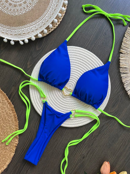 Solid Color Bikini Low Waist Lace-up Fashionable Swimsuit Two-piece Suit