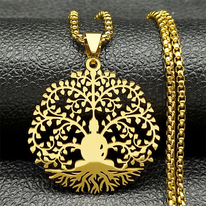 Men Women Tree of Life Buddhism Meditation Stainless Steel Gold Color Chain Necklace