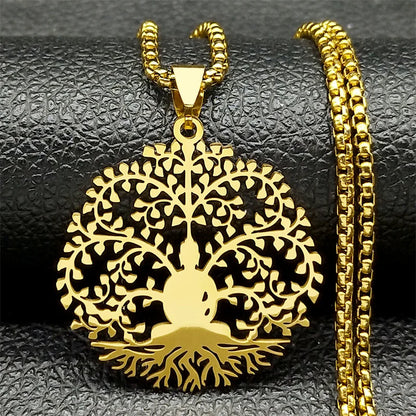 Men Women Tree of Life Buddhism Meditation Stainless Steel Gold Color Chain Necklace