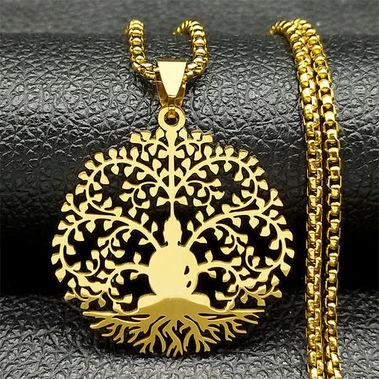 Men Women Tree of Life Buddhism Meditation Stainless Steel Gold Color Chain Necklace