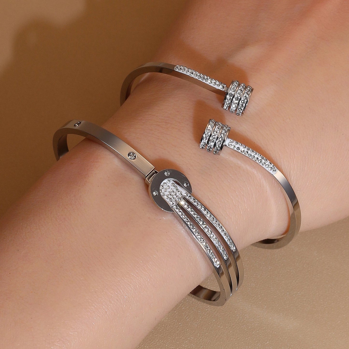 Women 18k Gold Plated Crystal Hollow Open Stainless Steel Bracelet