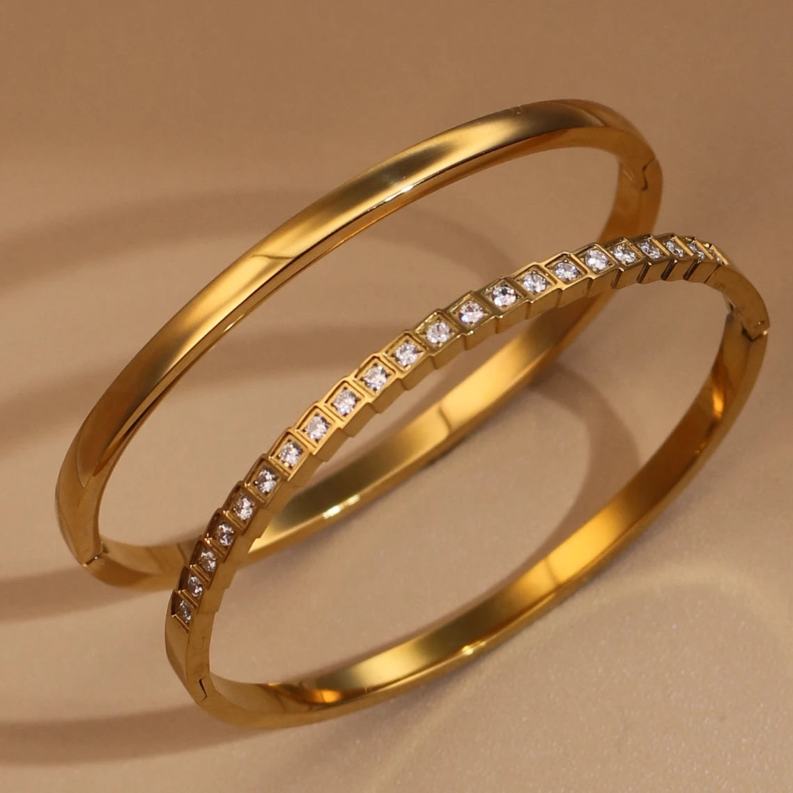 2-in-1 Women 18 K Gold Plated Zircon Stainless Steel Curved Bracelet Gift Bangle