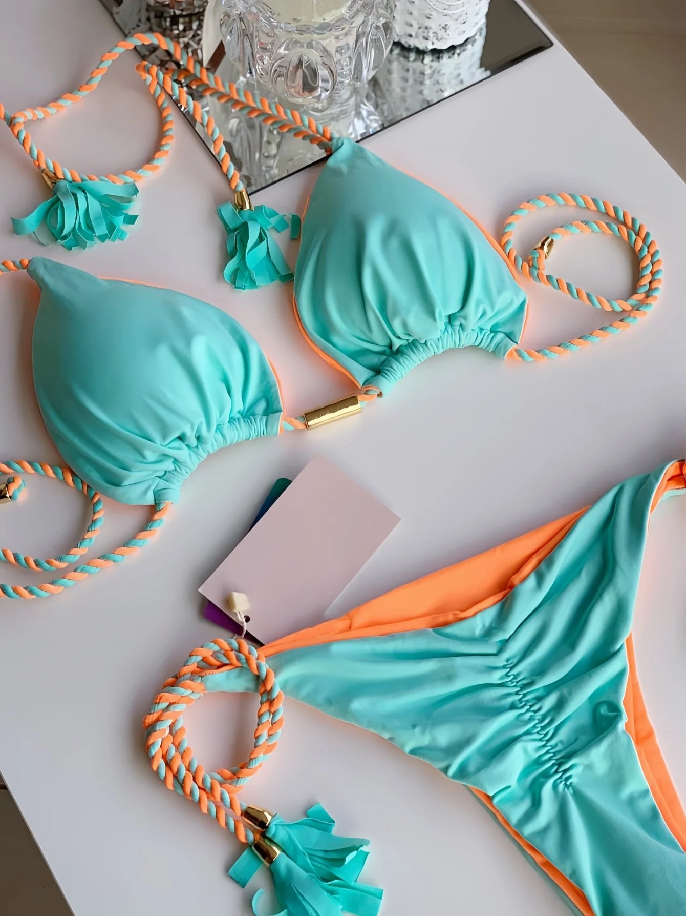 Sexy Solid color Two-piece Triangle Swimsuit Braiding Rope Bikini Beach Bathing Brazilian Suit