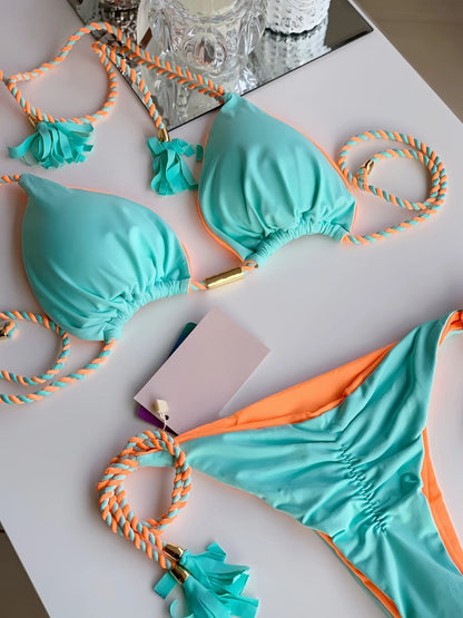 Sexy Solid color Two-piece Triangle Swimsuit Braiding Rope Bikini Beach Bathing Brazilian Suit