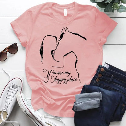 Funny Horse You Are My Happy Place Print Women Short Sleeve Tee Shirts Tops