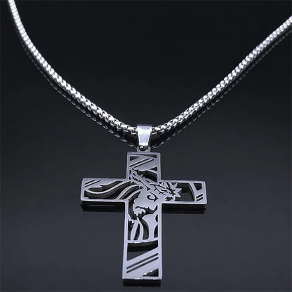 Men Stainless Steel Crucifix Jesus Christ God Cross Crown of Thorns Chain Necklace
