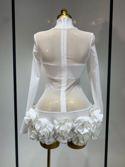 Sexy Mesh See through Stereoscopic Flowers White Red Mini Bandage Birthday Evening Party Dress