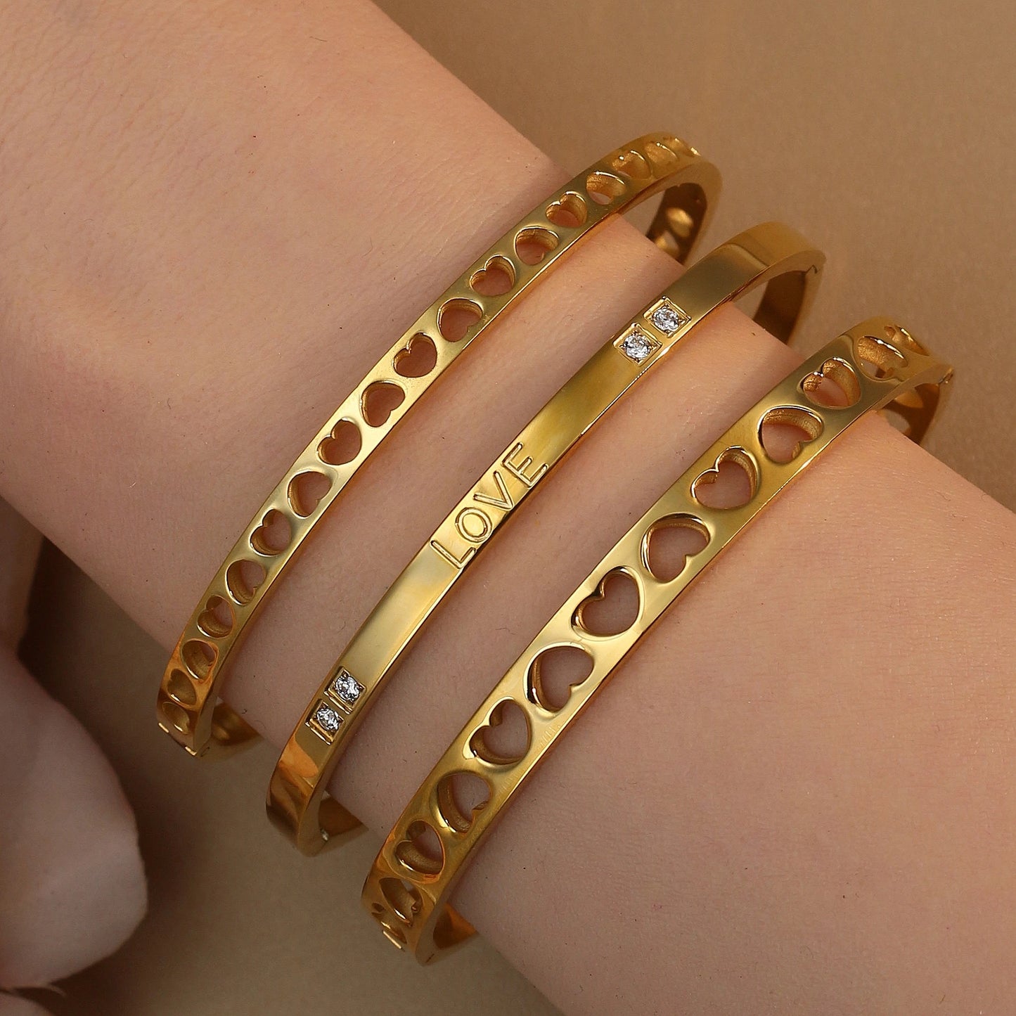 18K Gold-Plated LOVE Stainless Steel Zircon Openwork Bangle Bracelet Women's Jewelry
