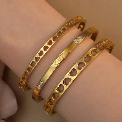 18K Gold-Plated LOVE Stainless Steel Zircon Openwork Bangle Bracelet Women's Jewelry