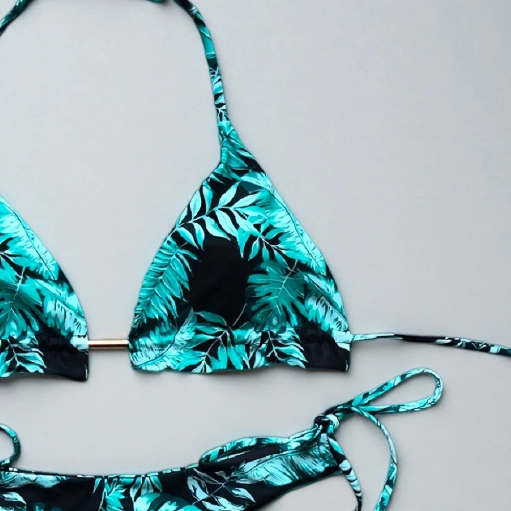 Women Micro Thongs Swimsuit Bathing Bandage Beachwear Print Swimwear Triangle Chain Bikini