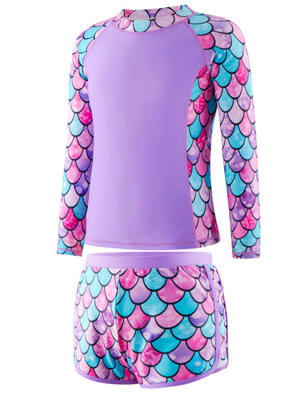 2pcs Kids Girls Long-Sleeved Scale Print Tops Boyleg Swim Shorts Swimwear Suit