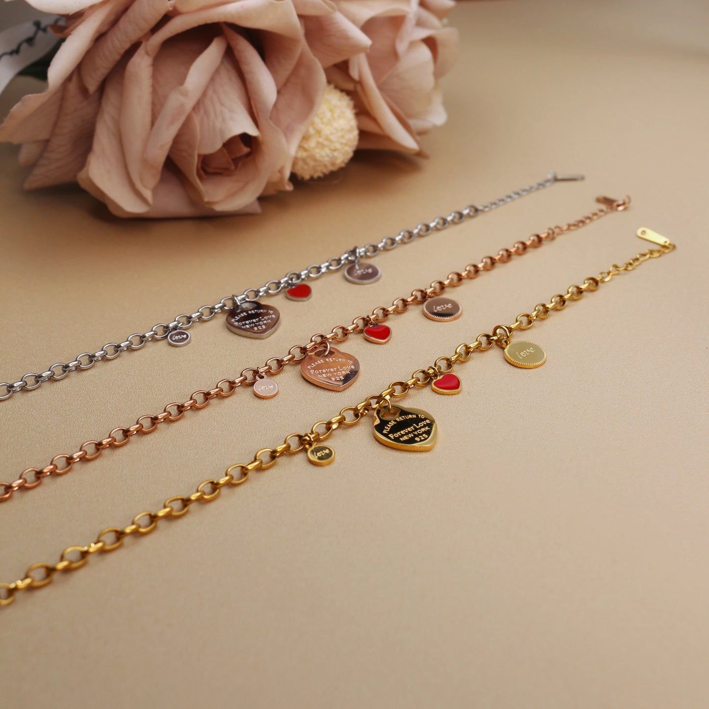Women Fashion Stainless Steel Gold color Bangle LOVE Heart Pendant LOVE Bracelet