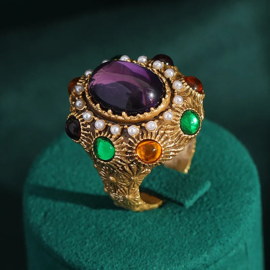 Women 18K Gold-Plated Vintage Baroque Oval Crystal Pearl Cluster Ring