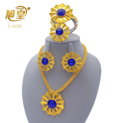 Dubai African Women 24K Gold Plated Indian Bridal Wedding Necklace Earrings Jewelry Set