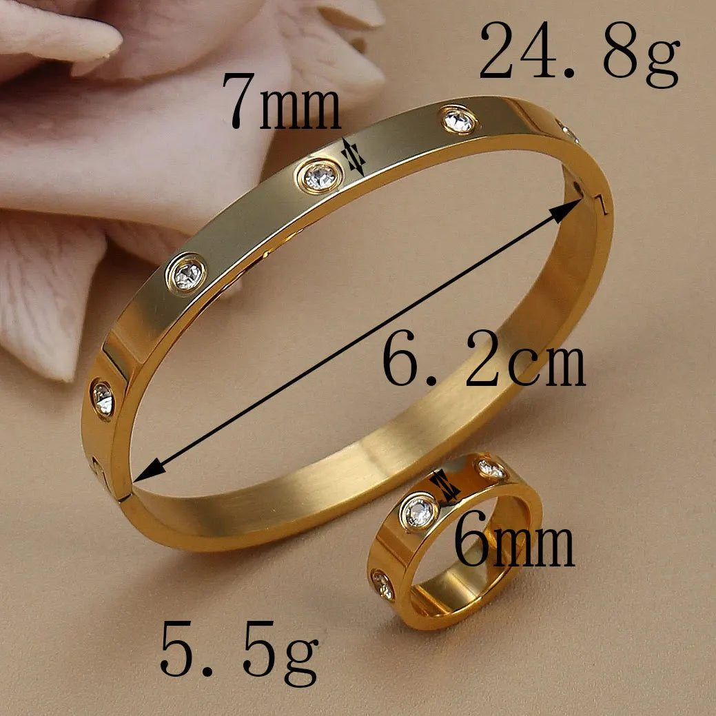 2-in-1 Women 18K Gold-Plated Stainless Steel Bracelet Ring Jewelry Set.