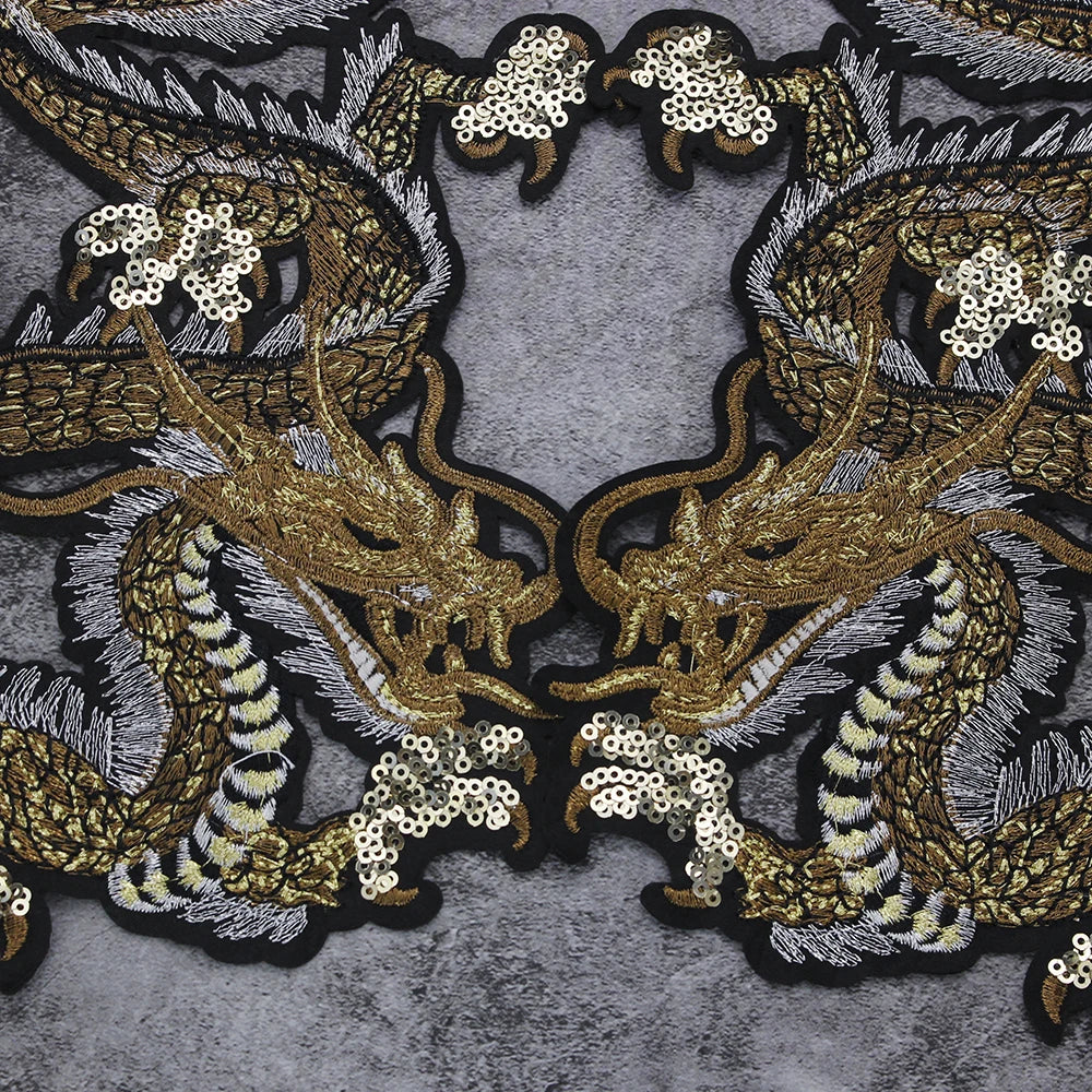 Embroidery Sequin Golden Dragon Patch Appliques Iron on Patches Badge Clothes Sewing