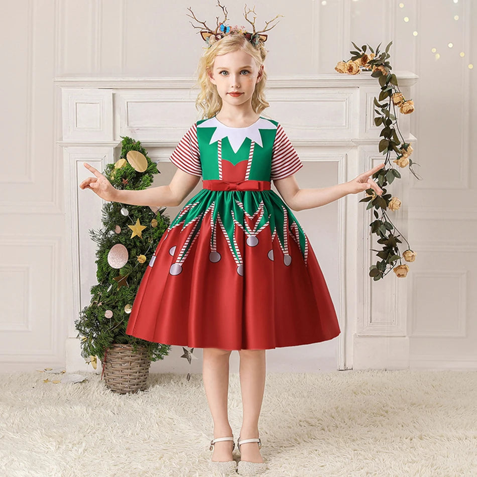 Girls Kids New Year Party Santa Claus Snowman Print Cosplay Costume Xmas Princess Theme Party Dress