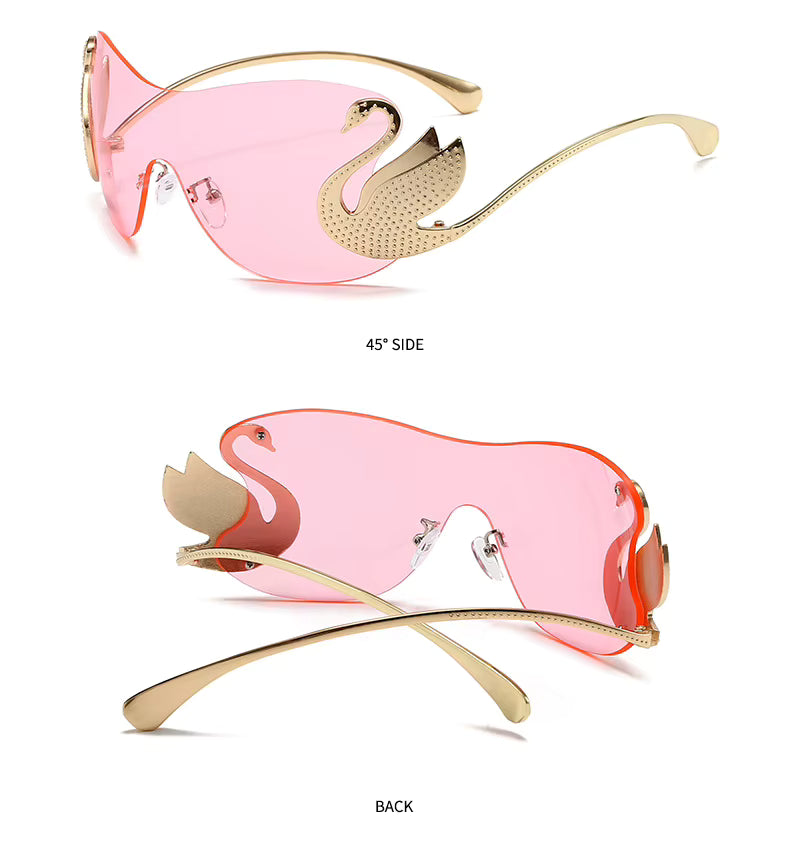 Y2k Women Fashion Swan Inlay Gradient Lens Shades Oversized Rimless Sunglasses Glasses