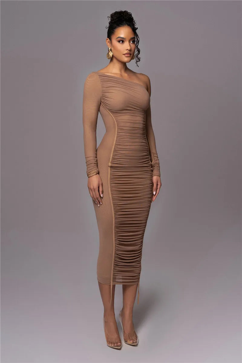 Sexy Diagonal Collar Long Sleeve Midi Two Layer Mesh Backless Ruched Bodycon Club Party Maxi Dress