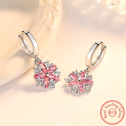 Solid 925 Sterling Silver Crystal Zircon Bridal Wedding Flower Drop Earrings