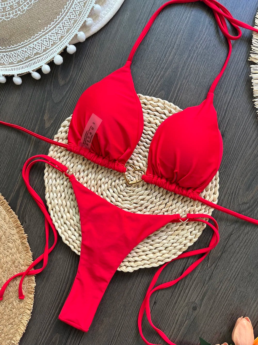 Solid Color Bikini Low Waist Lace-up Fashionable Swimsuit Two-piece Suit