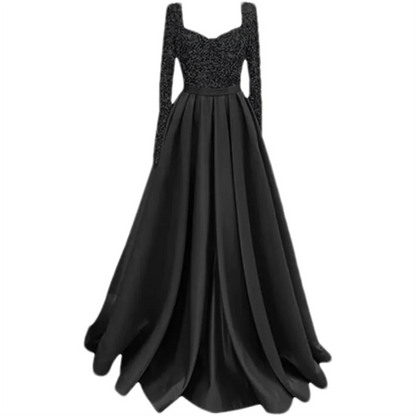 Long Sleeve Sequin Prom Long Satin Women Formal A-Line Evening Party Ball Gown Dress w/ Pockets