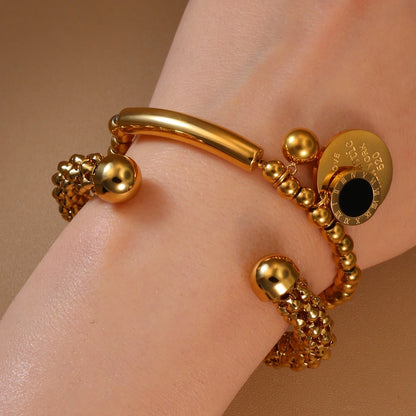 Luxury Women Roman Numeral Bead 18K Gold-Plated Stainless Steel Bangle Bracelet