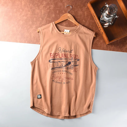 Men Bi-Plane Rides Sleeveless O-neck Printed T-shirt Fashion Washed Sports Vest Tops