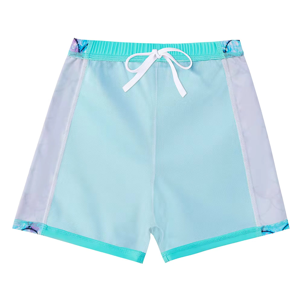 2pcs Kids Girls Mermaid Scale Print Short Sleeve Rash Guard Tops Boyleg Shorts Swimwear Suit