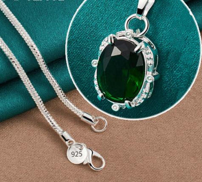 925 Sterling Silver Green Zircon 16-30Inches Chain Woman Fashion Wedding Party Charm Pendant Necklace