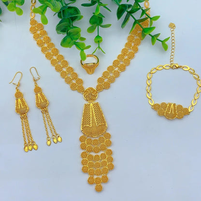 Italian 24K Gold Color Women Ethiopian Dubai Flower Wedding Necklace Bracelet Earring Ring Sets
