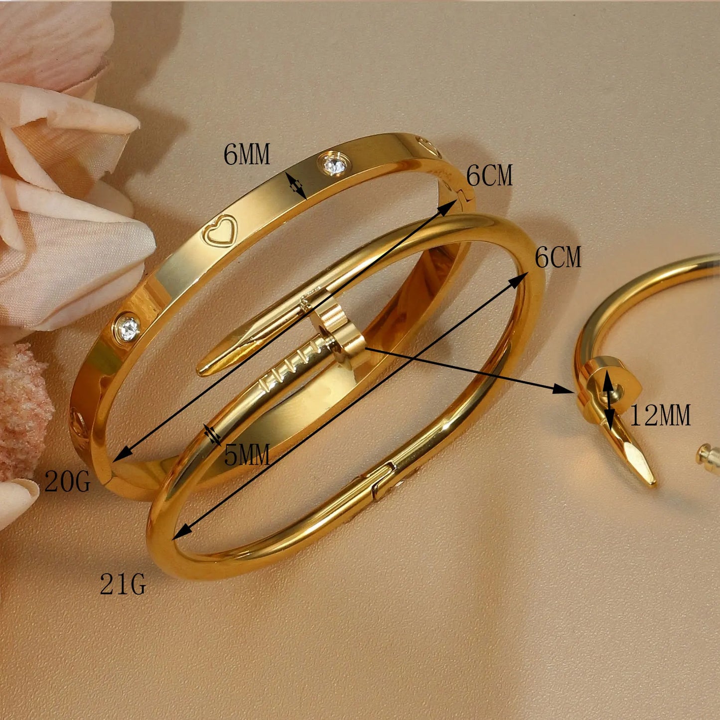 Women Heart Shaped Zircon Stainless Steel Gold Color 2-in-1 Bangles Bracelet Jewelry