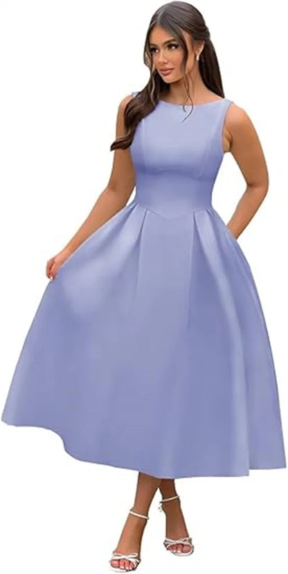 Simple Elegant O-Neck Satin Midi Prom Tea Length Backless A Line Formal Evening Party Bridal Dress w/ Pockets