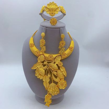 African Dubai Big 24K Gold Plated Women Wedding Indian Brazilian Pendant Necklace Earrings