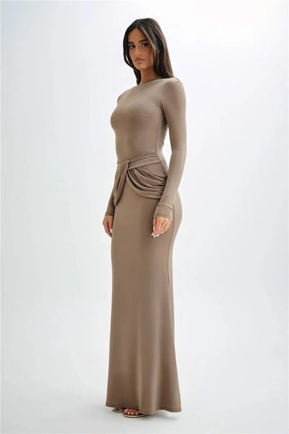 Women Diagonal Collar Long Sleeve Maxi Solid High Waist Ruched Bodycon Long Dress