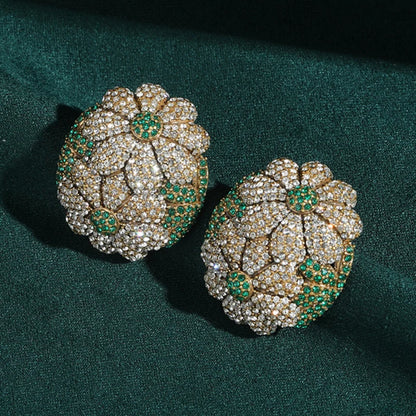 Vintage Rhinestones Sunflower Flower Petals Green Oval Antique Stud Earrings