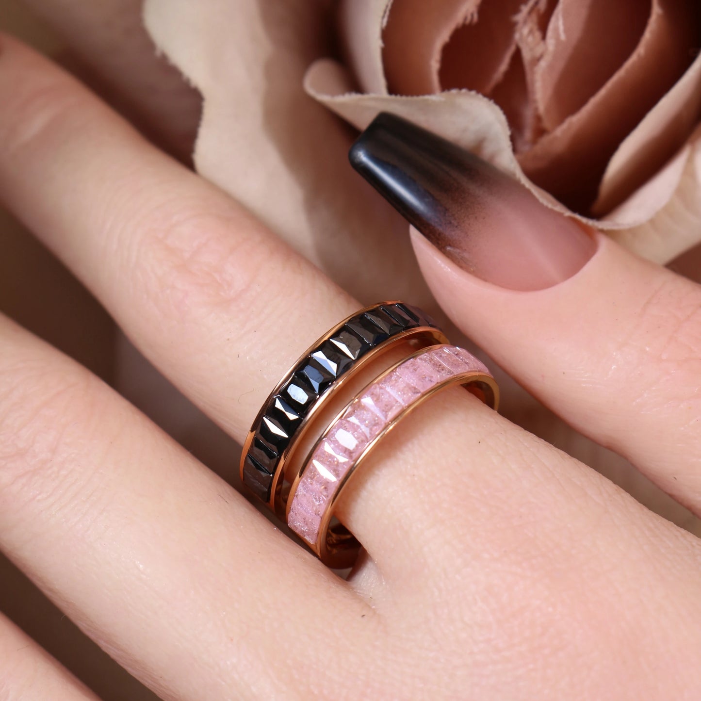 2-In-1 Women Rose Gold-Plated Stainless Steel Crystal Earrings Ring Jewelry Set
