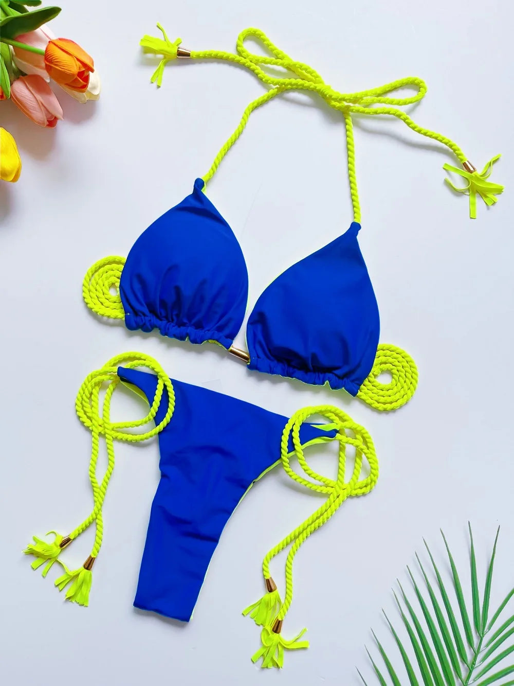 Sexy Solid color Two-piece Triangle Swimwear Braiding Rope Bikini Beach Bathing Brazilian Suit