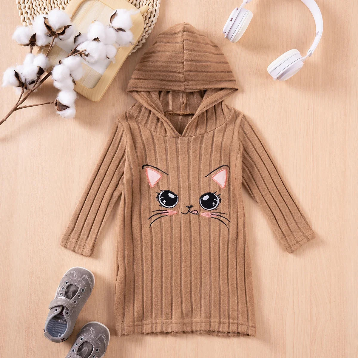 Kids Girl Solid Hoodie Cute Cartoon Pattern Pit Strip Knitted Party Shirt Dress