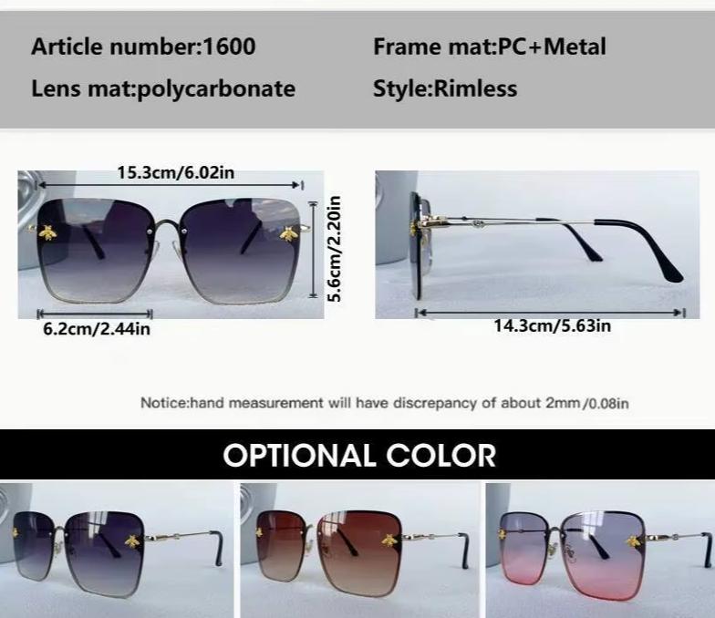 Men Women Fashion Designer Oversized Rimless Square Bee Sunglasses Gradient Sunglasses UV400